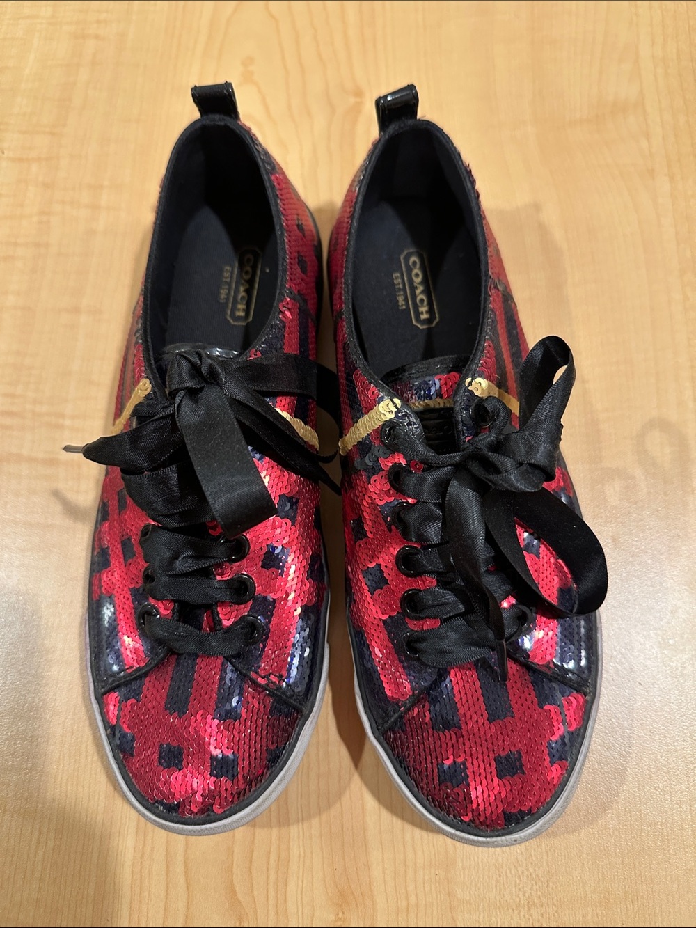 COACH Red Sequin Low-Top Sneakers with Black Accents